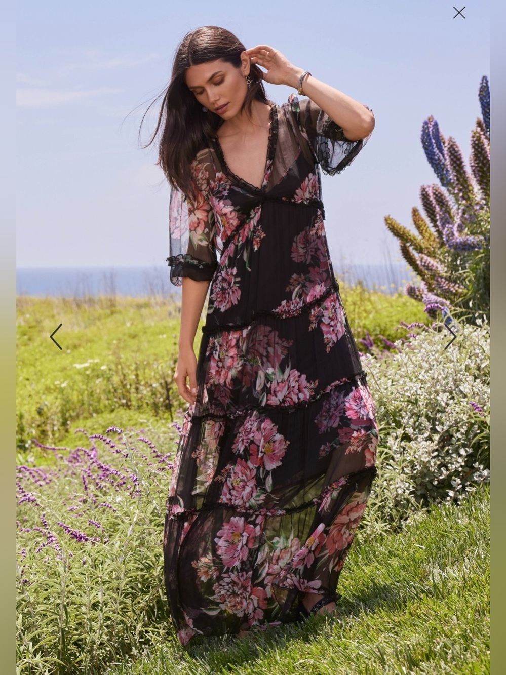 Jade by Johnny Was Lizzy Ruffle Silk Floral Maxi Dress Tiered Boho